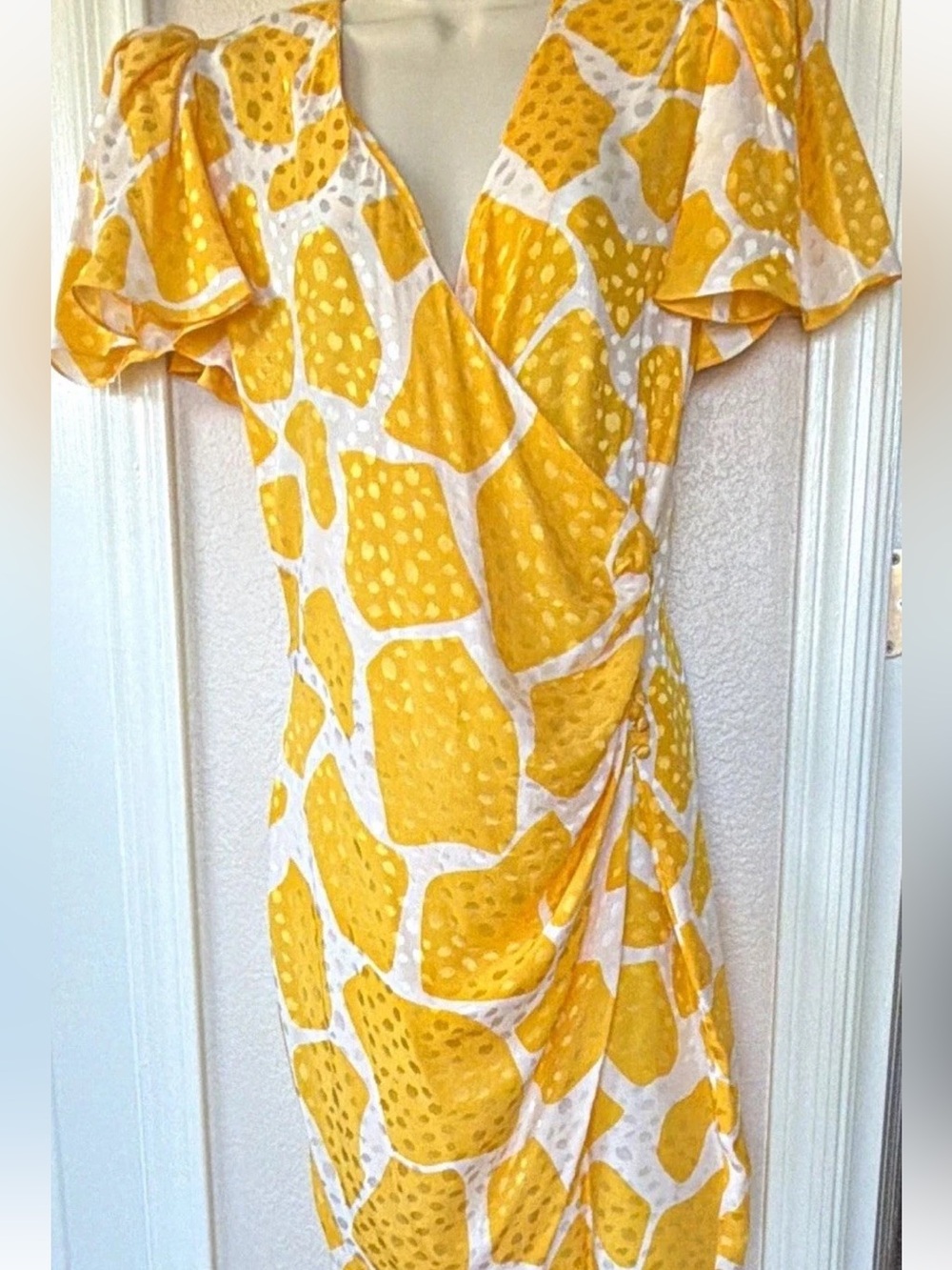 Vintage Flora Kung Women 100% Silk Wrap Dress Yellow 8 Korea Puff Sleeve Retro